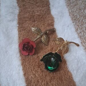 Gold-Tone Rose Earrings with Red and Green Enamel Flowers